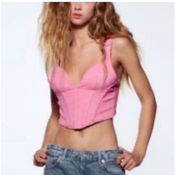 NWT Zara textured corset top pink tweed like. Sweetheart neckline cropped Large - Picture 2 of 6